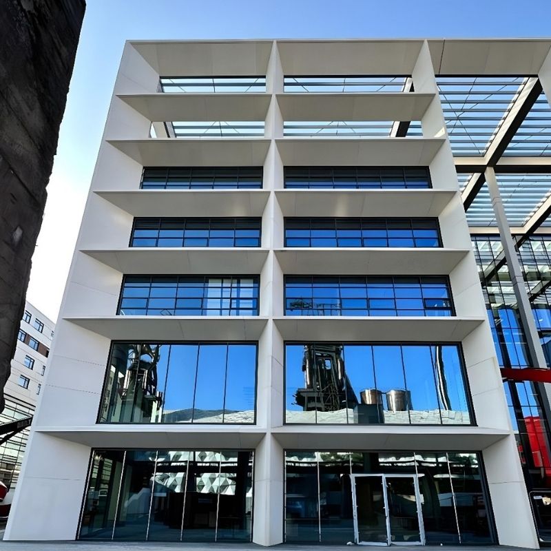 Geometric facade of the ICONE building in Luxembourg installed by Anired Group