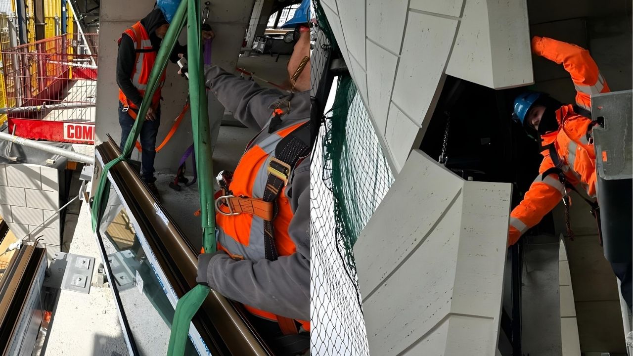 Manual installation of a glazed panel and adjustment of a concrete element on the Post Rotterdam site by Anired Group